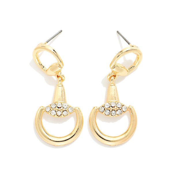 Metal Tone Horsebit Post Drop Earrings With Rhinestone Details 

- Approximately 1.25" L