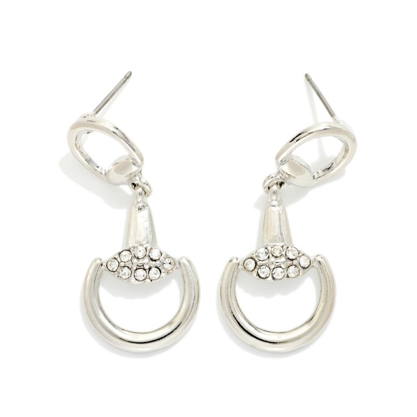 Metal Tone Horsebit Post Drop Earrings With Rhinestone Details 

- Approximately 1.25" L