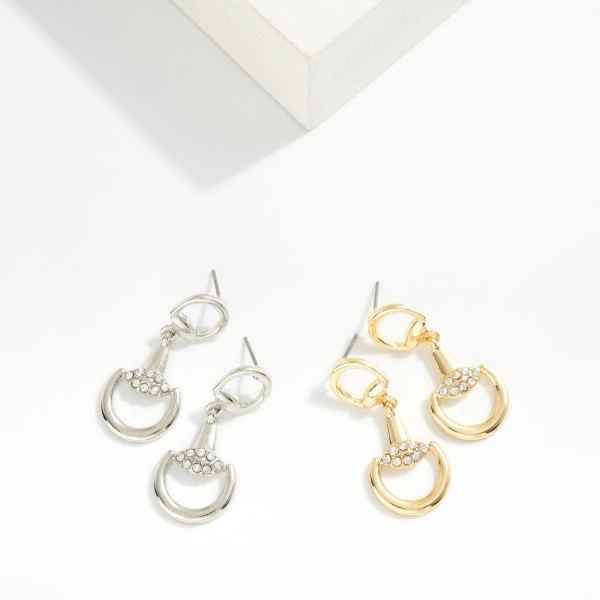 Metal Tone Horsebit Post Drop Earrings With Rhinestone Details 

- Approximately 1.25" L