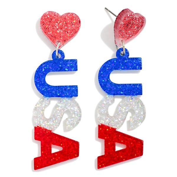 Glitter Acetate "USA" & Heart Post Drop Earrings

- Approximately 2.25" L 