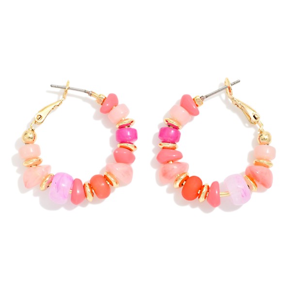 Stone & Metal Tone Disk Beaded Hoop Earrings 

- Approximately .75" D