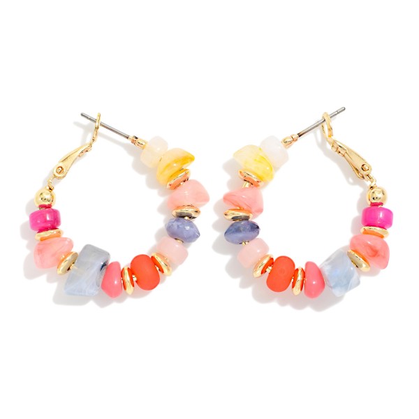 Stone & Metal Tone Disk Beaded Hoop Earrings 

- Approximately .75" D