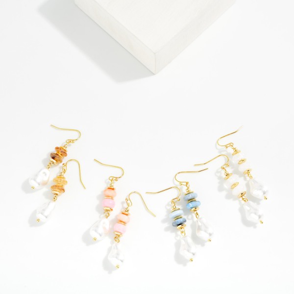 Stone Disk & Baroque Pearl Beaded Drop Earrings 

- Approximately 1.75" L