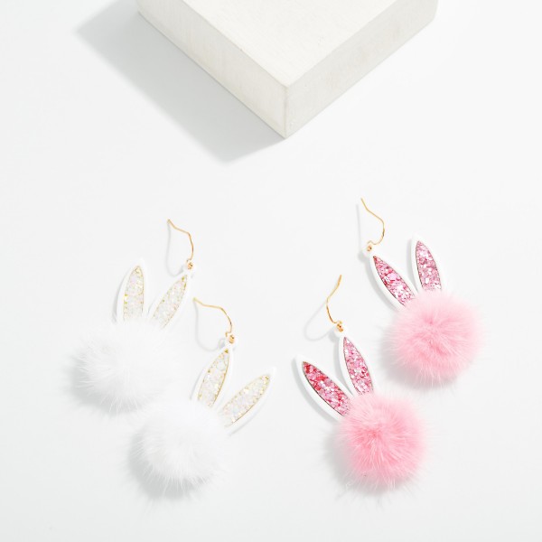 Glitter Easter Bunny Ears & Pom Drop Earrings 

- Approximately 2" L