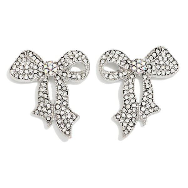 Rhinestone Studded Bow Post Drop Earrings 

- Approximately 1" L