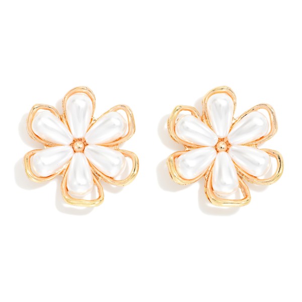 Metal Tone Flower Post Drop Earrings With Nesting Pearl Petals 

- Approximately 1" L