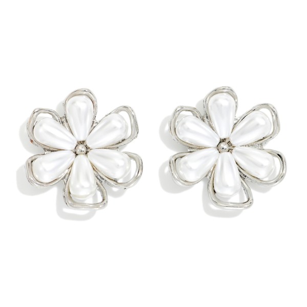 Metal Tone Flower Post Drop Earrings With Nesting Pearl Petals 

- Approximately 1" L