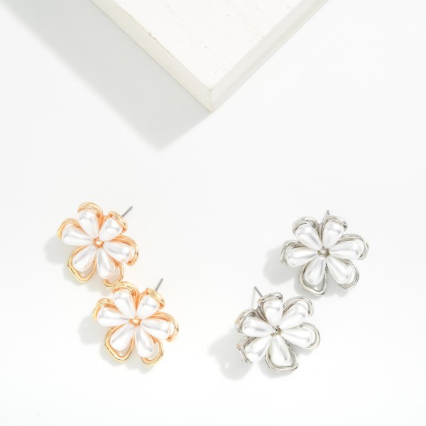 Metal Tone Flower Post Drop Earrings With Nesting Pearl Petals 

- Approximately 1" L