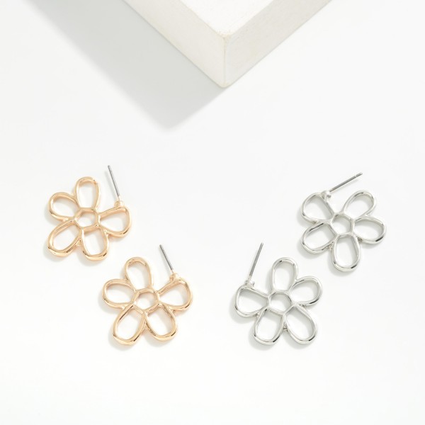 Metal Tone Flower Hoop Earrings 

- Approximately 1" L