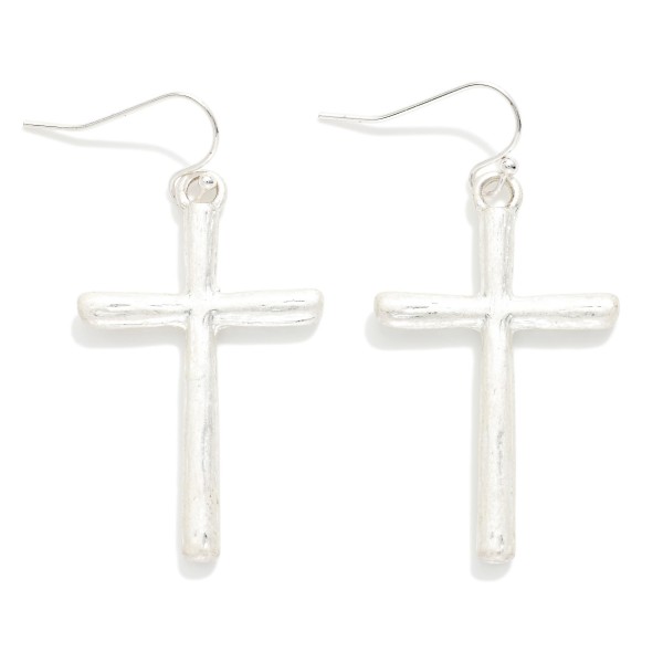 Worn Metal Tone Cross Drop Earrings

- Approximately 2" L  
