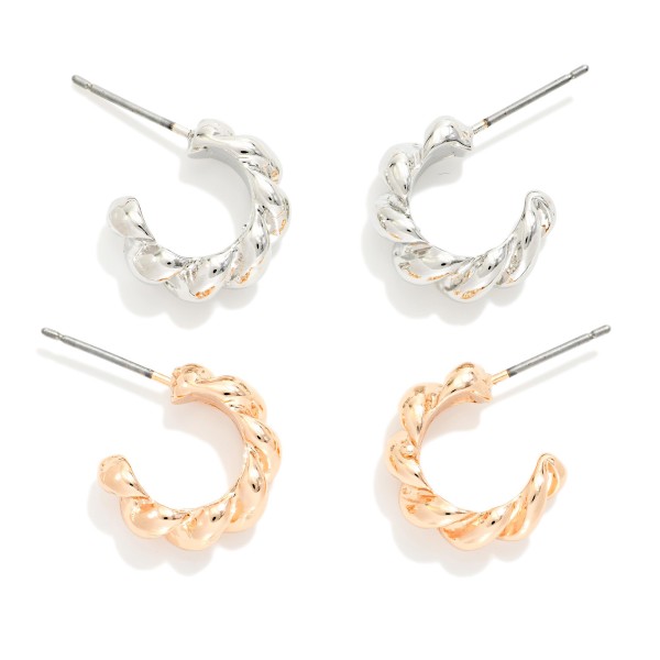Set Of Two Twisted Metal Hoop Earrings 

- Approximately .5" D