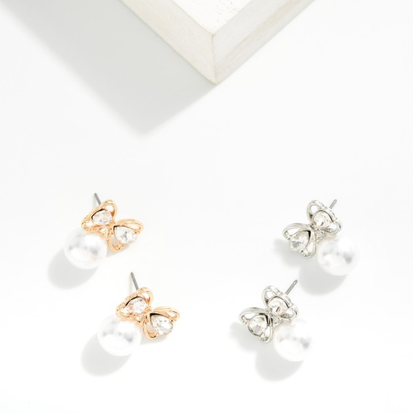 Metal Tone & Rhinestone Butterfly & Pearl Post Drop Earrings

- Approximately .5" L