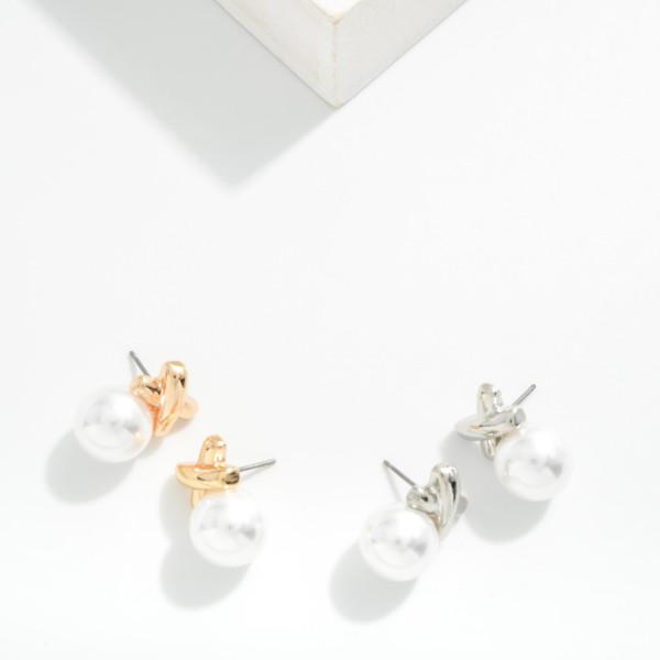 X Metal Tone & Pearl Ball Post Drop Earring 

- Approximately .50" L 