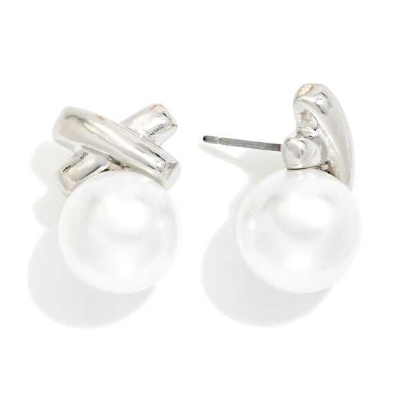 X Metal Tone & Pearl Ball Post Drop Earring 

- Approximately .50" L 