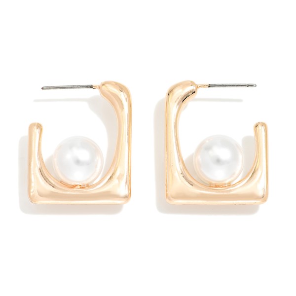 Metal Tone Tapered Square & Pearl Hoop Earrings 

- Approximately 1" L