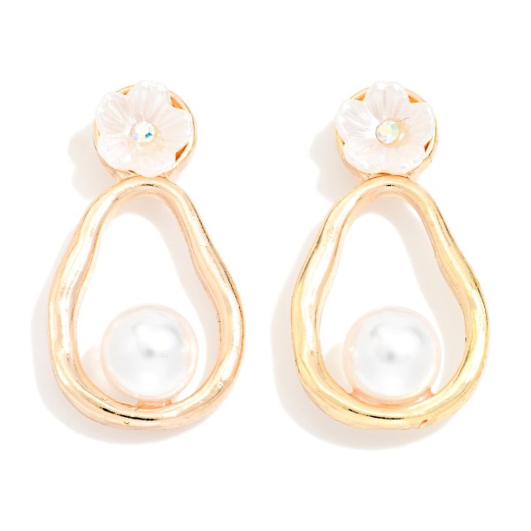 Metal Tone & Pearl Oyster Post Drop Earrings With Pearlescent Flower Post 

- Approximately 1" L