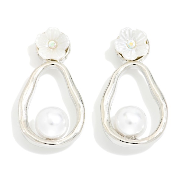 Metal Tone & Pearl Oyster Post Drop Earrings With Pearlescent Flower Post 

- Approximately 1" L