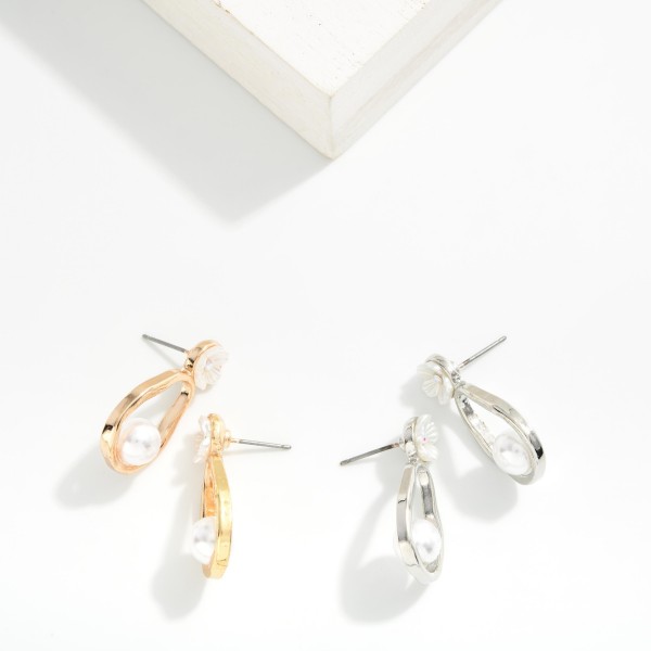 Metal Tone & Pearl Oyster Post Drop Earrings With Pearlescent Flower Post 

- Approximately 1" L