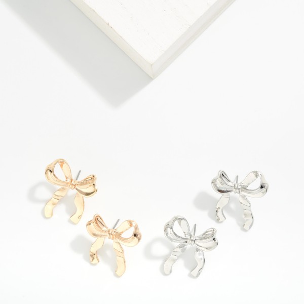 Crinkled Metal Bows Post Drop Earrings 

- Approximately 1" L