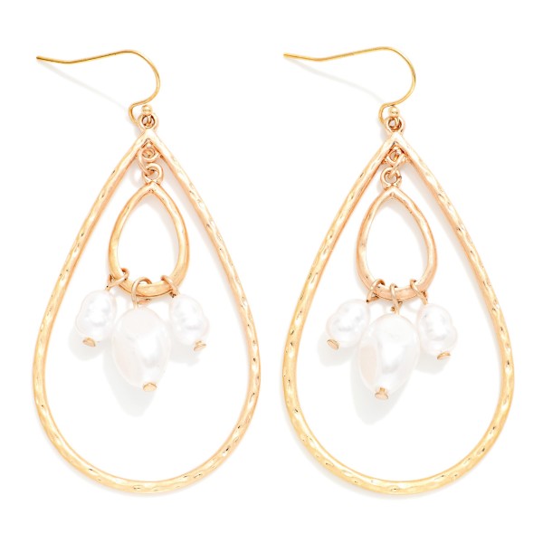 Textured Metal Nesting Teardrop Drop Earrings With Pearl Charms 

- Approximately 2.25" L