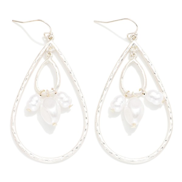 Textured Metal Nesting Teardrop Drop Earrings With Pearl Charms 

- Approximately 2.25" L