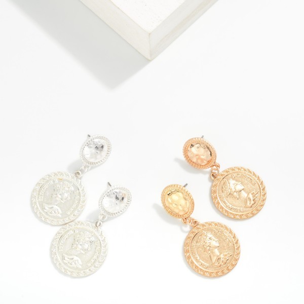 Linked Hammered Metal Medallion & Coin Post Drop Earrings 

- Approximately 1.75" L