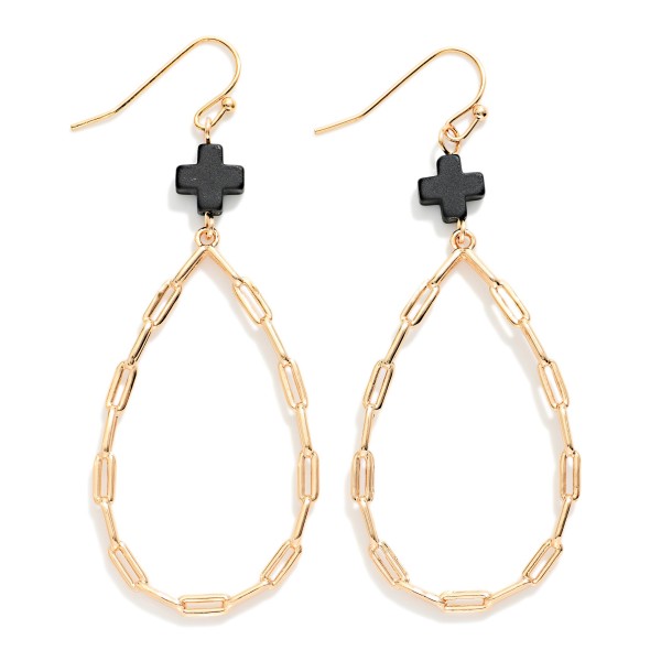 Paperclip Chain Teardrop Drop Earring Featuring Plus Cross 

- Approximately 2.5" L 