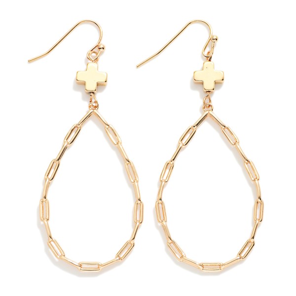 Paperclip Chain Teardrop Drop Earring Featuring Plus Cross 

- Approximately 2.5" L 