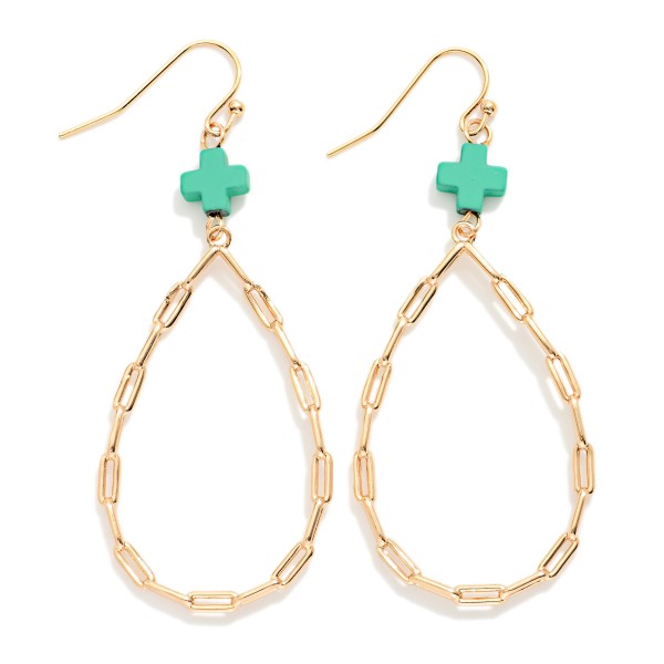 Paperclip Chain Teardrop Drop Earring Featuring Plus Cross 

- Approximately 2.5" L 
