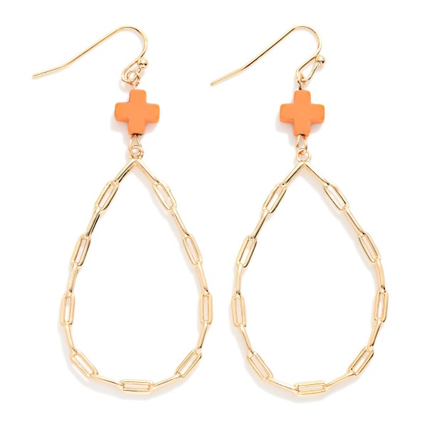 Paperclip Chain Teardrop Drop Earring Featuring Plus Cross 

- Approximately 2.5" L 