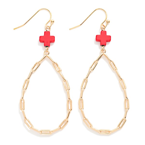 Paperclip Chain Teardrop Drop Earring Featuring Plus Cross 

- Approximately 2.5" L 