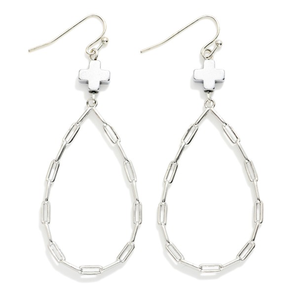 Paperclip Chain Teardrop Drop Earring Featuring Plus Cross 

- Approximately 2.5" L 