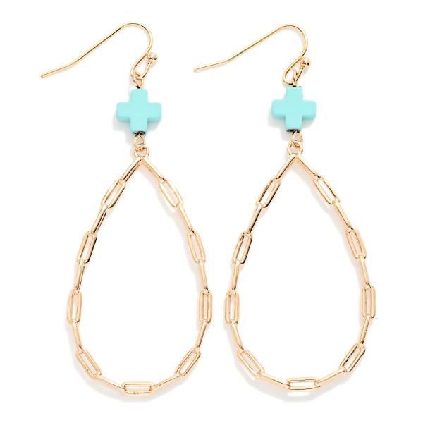 Paperclip Chain Teardrop Drop Earring Featuring Plus Cross 

- Approximately 2.5" L 