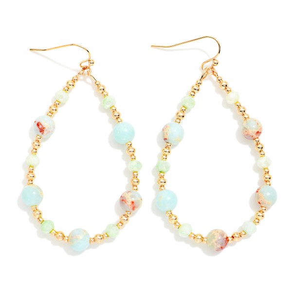 Marbled Stone & Gold Tone Bead Beaded Teardrop Earrings 

- Approximately 2.25" L