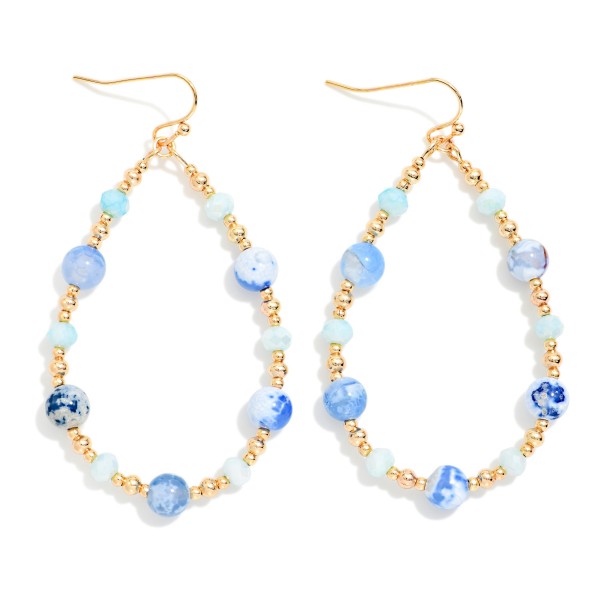 Marbled Stone & Gold Tone Bead Beaded Teardrop Earrings 

- Approximately 2.25" L