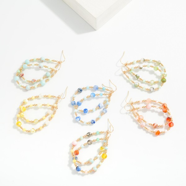 Marbled Stone & Gold Tone Bead Beaded Teardrop Earrings 

- Approximately 2.25" L