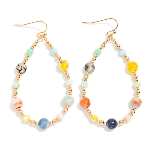 Marbled Stone & Gold Tone Bead Beaded Teardrop Earrings 

- Approximately 2.25" L