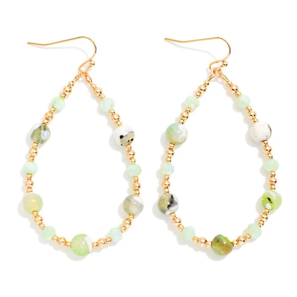 Marbled Stone & Gold Tone Bead Beaded Teardrop Earrings 

- Approximately 2.25" L