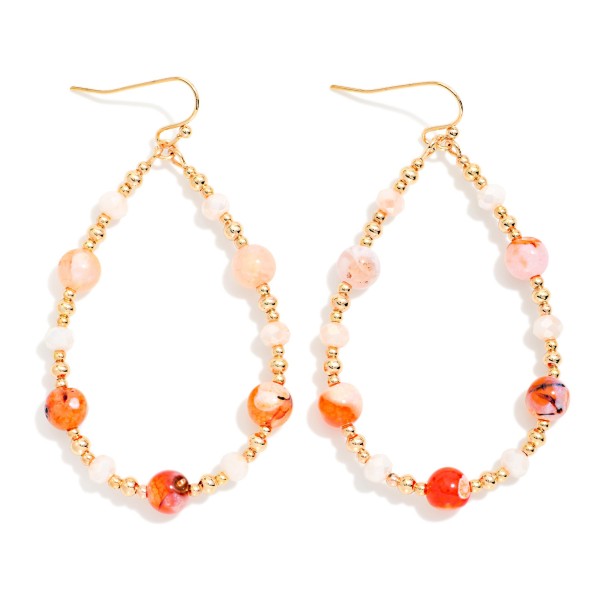 Marbled Stone & Gold Tone Bead Beaded Teardrop Earrings 

- Approximately 2.25" L