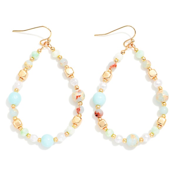 Beaded Teardrop Earrings Featuring Marbled Stone, Pearls, & Gold Tones 

- Approximately 2.25" L