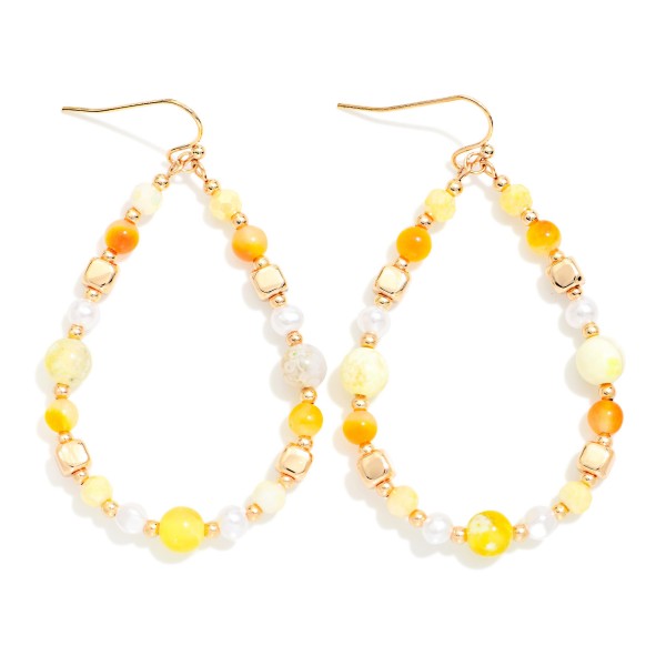 Beaded Teardrop Earrings Featuring Marbled Stone, Pearls, & Gold Tones 

- Approximately 2.25" L