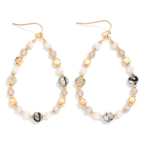 Beaded Teardrop Earrings Featuring Marbled Stone, Pearls, & Gold Tones 

- Approximately 2.25" L