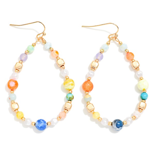 Beaded Teardrop Earrings Featuring Marbled Stone, Pearls, & Gold Tones 

- Approximately 2.25" L