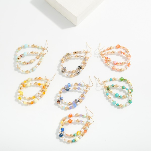 Beaded Teardrop Earrings Featuring Marbled Stone, Pearls, & Gold Tones 

- Approximately 2.25" L