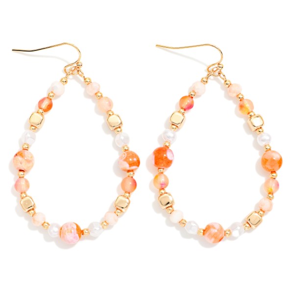 Beaded Teardrop Earrings Featuring Marbled Stone, Pearls, & Gold Tones 

- Approximately 2.25" L