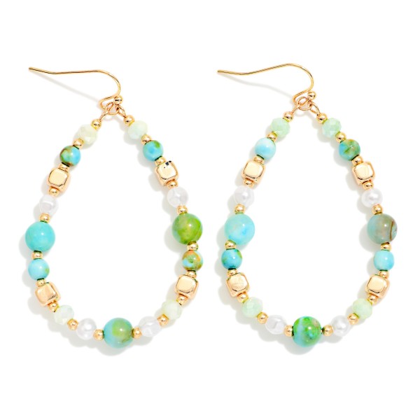 Beaded Teardrop Earrings Featuring Marbled Stone, Pearls, & Gold Tones 

- Approximately 2.25" L
