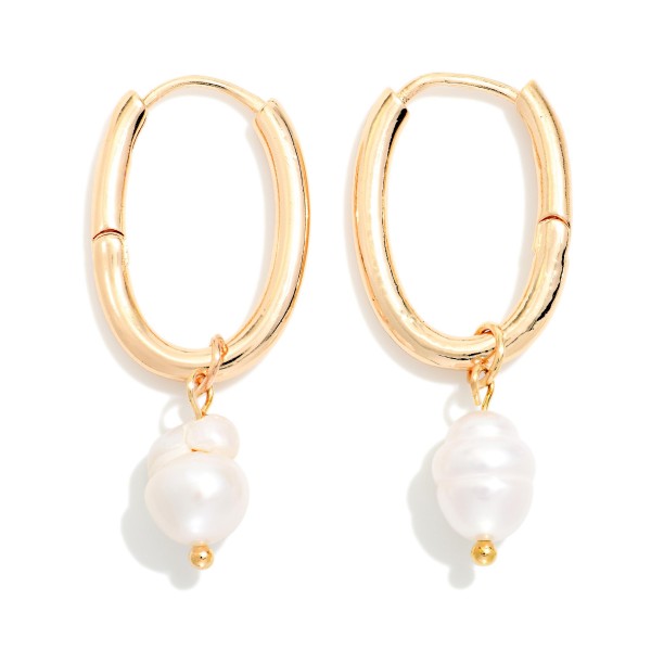 Metal Tone Oval Hoop Earrings With Pearl Dangle Detail 

- Approximately 1.5" L