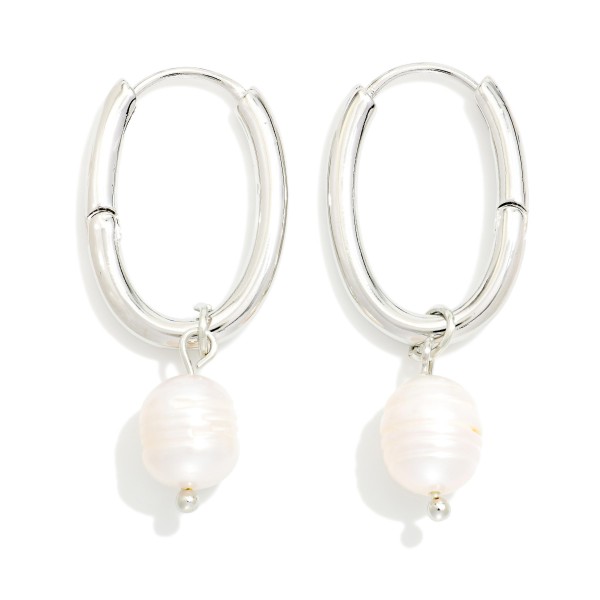 Metal Tone Oval Hoop Earrings With Pearl Dangle Detail 

- Approximately 1.5" L
