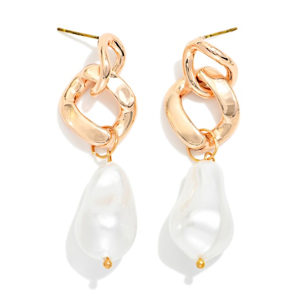 Metal Chain Link Post Drop Earring Featuring Pearl 

- Approximately 2" L