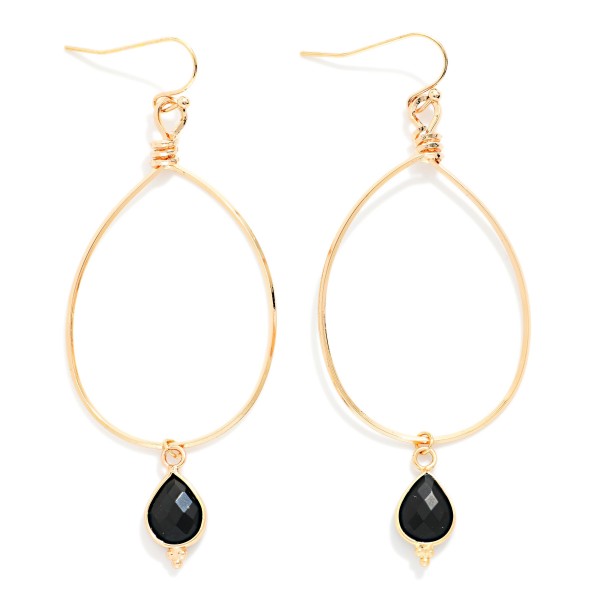 Metal Tone Wire Teardrop Drop Earrings With Faceted Stone Teardrop Detail 

- Approximately 2.25" L